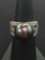 14mm Black Pearl Sterling Silver Cocktail Ring w/ Rhinestone Accents - Size 7.25