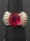 Large 11x9 Red Gemstone Sterling Silver Cocktail Ring w/ Textured Wave Design - Size 5.5