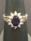 Oval Sapphire 8x6 w/ Rhinestone Halo Sterling Silver Engagement Ring - Size 6.75