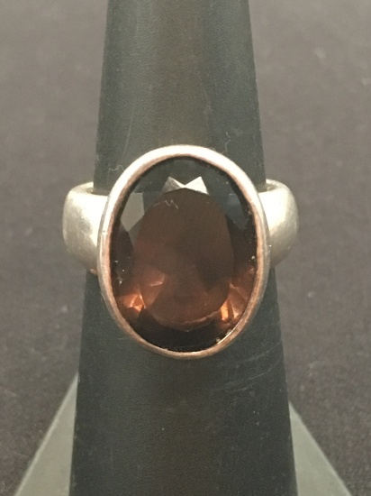Hand Made Sterling Silver Ring w/ 16x12 Oval Smokey Quartz - Size 6