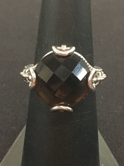Old Pawn Mexico Crafted Sterling Silver Cocktail Ring w/ 14mm Checkboard Smokey Quartz - Size 7