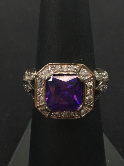 Brilliant 9x9 Purple Princess Gemstone in Vintage Sterling Silver Rhinestone Halo Ring - Size 6.75