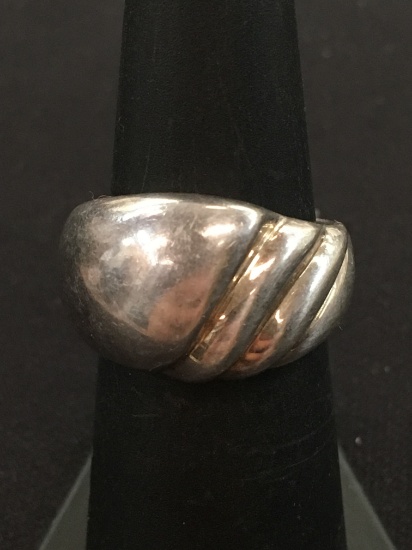 Modern Carved Wave Large Dome Sterling Silver Ring Band - Size 5.5