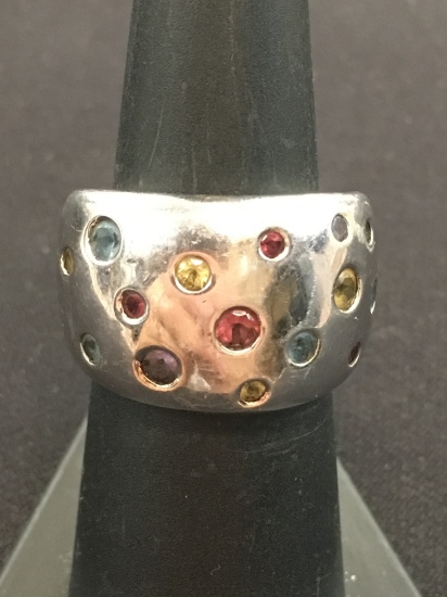 Wide Multi-Gemstone Flush Set Sterling Silver Constellation Ring Band - Size 7