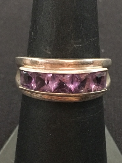 Five-Stone Channel Set Princes Cut Amethyst Sterling Silver Ring Band - Size 7.25