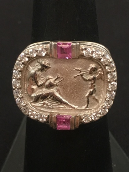 Large Sterling Silver Cupid Cameo Ring Band w/ Pink Sapphire & Rhinestone Accents - Size 7