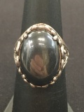 Large Vintage Heart Scroll Motif Sterling Silver Ring w/ 18x13 mm Oval Hematite - Size 5.5