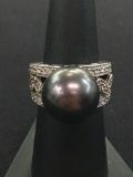 14mm Black Pearl Sterling Silver Cocktail Ring w/ Rhinestone Accents - Size 7.25