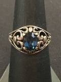 Vintage Heart Scroll Motif Sterling Silver Ring w/ Blue Oval Gemstone Center - Size 6.75