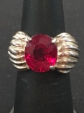 Large 11x9 Red Gemstone Sterling Silver Cocktail Ring w/ Textured Wave Design - Size 5.5
