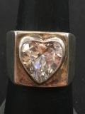 Hand Crafted Sterling Silver Ring Band w/ Bezel Set 11x11 White Heart Gemstone Center - Size 7