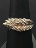 Hand Carved Large Leaf Motif Sterling Silver Ring Band - Size 7.5