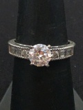 Sterling Silver Engagement Ring w/ 6.5 mm Round White Gemstone Center & Rhinestone Accents - Size 7