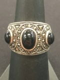 Wide Antique Three-Onyx Cabachon & Marchasite Thai Made Sterling Silver Ring Band - Size