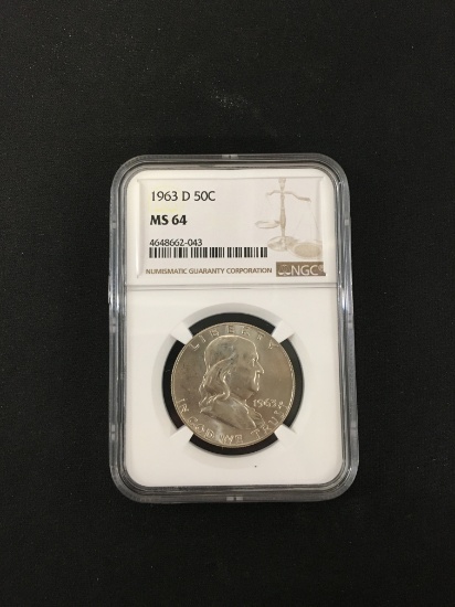 NGC Graded 1963-D 50C Franklin Silver Half Dollar Coin - MS 64