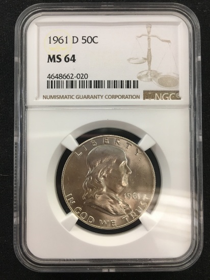 NGC Graded 1961-D 50C Franklin Silver Half Dollar Coin - MS 64