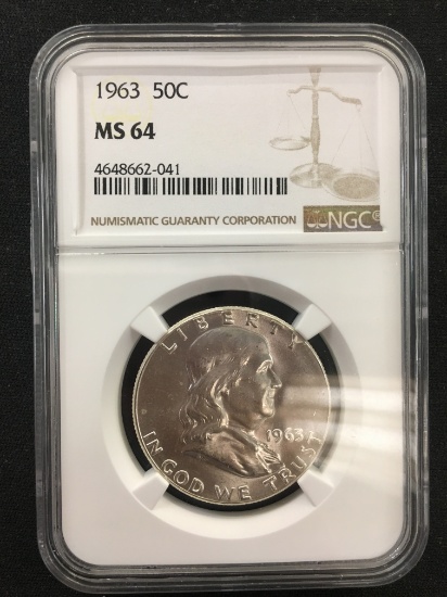 NGC Graded 1963 50C Franklin Silver Half Dollar Coin - MS 64