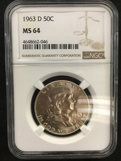 NGC Graded 1963-D 50C Franklin Silver Half Dollar Coin - MS 64
