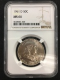 NGC Graded 1961-D 50C Franklin Silver Half Dollar Coin - MS 64