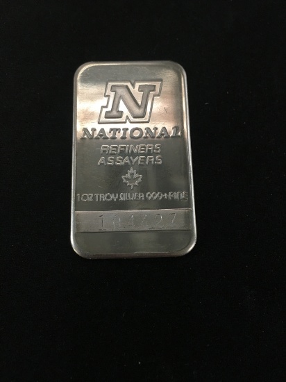 1 Troy ounce .999 Fine Silver National Refiners Assayers Silver Bullion Bar - Serial Numbered