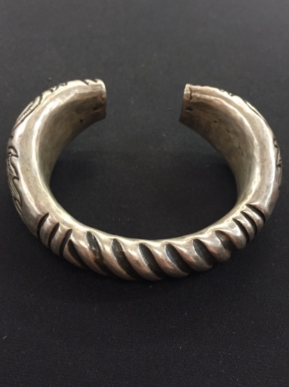 Large Sterling Silver Cuff Bracelet w/ "Tribal Monkey" Motif Design - 45 grams