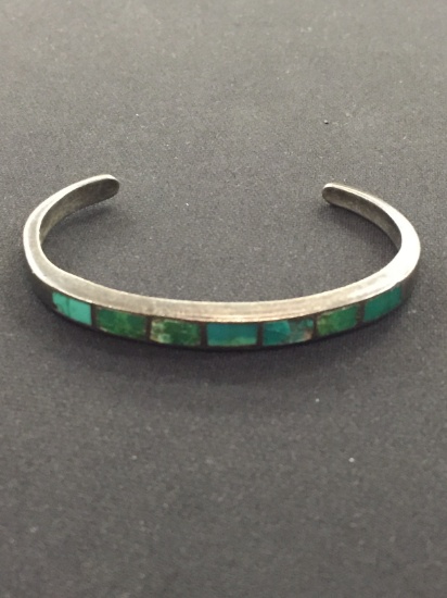 Old Pawn Native American Sterling Silver Cuff Bracelet w/ Turquoise Inlay - 20 grams
