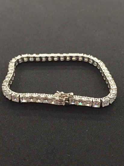 Sterling Silver 8" Link Tennis Bracelet w/ Asscher Cut Rhinestone Accents