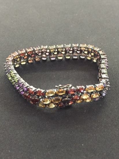 Vintage 8" Sterling Silver Link Bracelet with Three Rows of Multi-Colored Gemstones