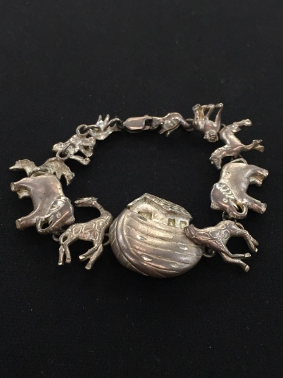 Unique Large Sterling Silver Link Bracelet Featuring a "Noah's Ark" Motif - 22 grams