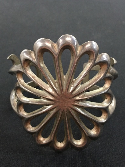 Extra Large & Heavy Sterling Silver Cuff Bracelet w/ "Sunflower" Motif - 77 grams