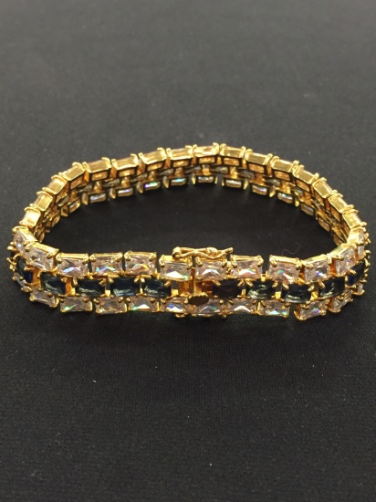 Thai Made Dramatic Rhinestone & Sapphire Gold-Tone 9" Link Bracelet