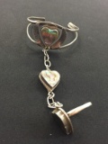 Old Pawn Mexico Abalone Heart Inlay Sterling Silver Cuff Bracelet w/ Adjoining Ring