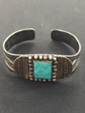 Old Pawn Native American Hand Crafted Sterling Silver Cuff Bracelet w/ Turquiose Inlay