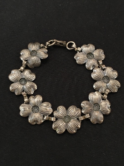 Wide 8" Sterling Silver "Flower" Motif Link Bracelet