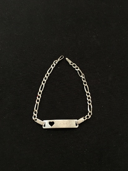 Sterling Silver Flat Cable Link 6" Bracelet w/ Open Heart Tag Center