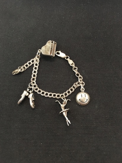 Double Cable Link 7" Sterling Silver Charm Bracelet w/ Whimsical Charms