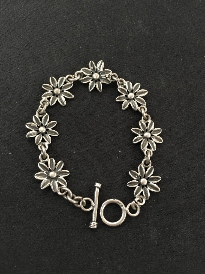 Sterling Silver "Flower" Motif 7" Link Bracelet w/ Toggle Clasp