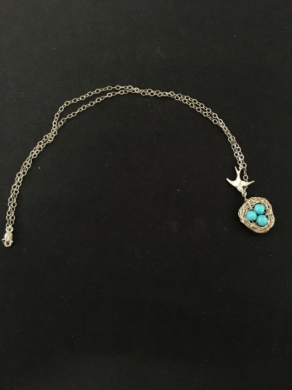 Unique Wire Wrapped "Robin's" Nest w/ Turquoise Eggs & Silver Robin on 18" Sterling Silver Cable Cha