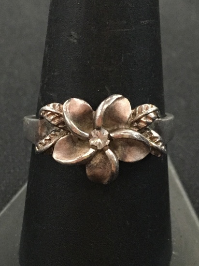 Floral Sterling Silver & CZ Ring - Size 9