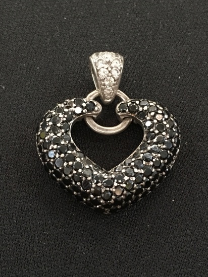 Puffy Heart Black Diamond Sterling Silver Pendant w/ Rhinestone Accented Bale