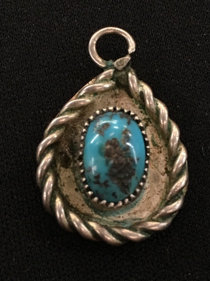 Old Pawn Native American Sterling Silver Pear Shaped Pendant w/ Cabachon Turquoise Center