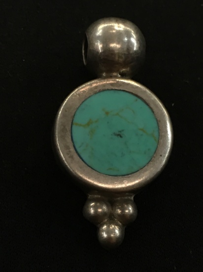 Hand Made Old Pawn Mexico Sterling Silver Pendant w/ Round Turquoise Inlay