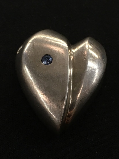 Modern Large Sterling Silver Puffy Heart Slide w/ Sapphire Accent