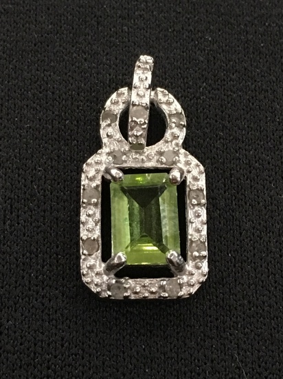 Sterling Silver Pendant w/ Emerald Cut Peridot Center & Diamond Accent