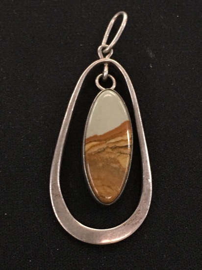 Old Pawn Native American Elongated Sterling Silver Pendant w/ Oval Jasper Cabachon Gemstone