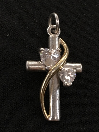 "Faith, Hope & Love" Inspired Two-Tone Sterling Silver Cross w/ White Sapphire Heart Accents
