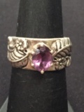 Designer Floral Sterling Silver & Amethyst Wide Ring - Size 6