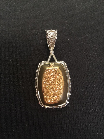 Indian Crafted Gold Druzy Quartz Sterling Silver Pendant