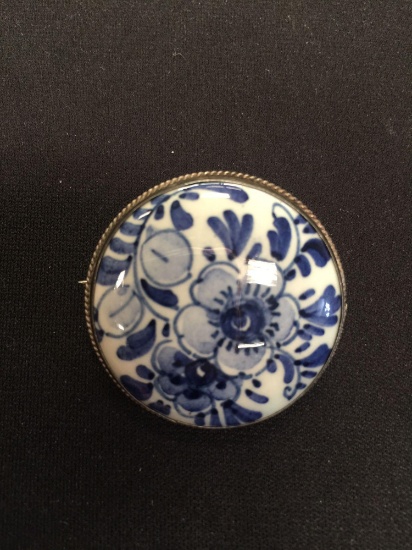 Hand Painted Porcelain Brooch w/ Sterling Silver Frame