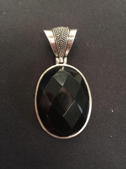 Large Bold Hand Crafted Sterling Silver Pendant with Oval Checkboard Faceted Center - 33 grams